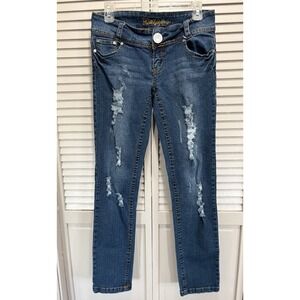 Bubblegum Low Rise Med Wash Skinny Distressed Denim Jeans Size 9/10 Logo